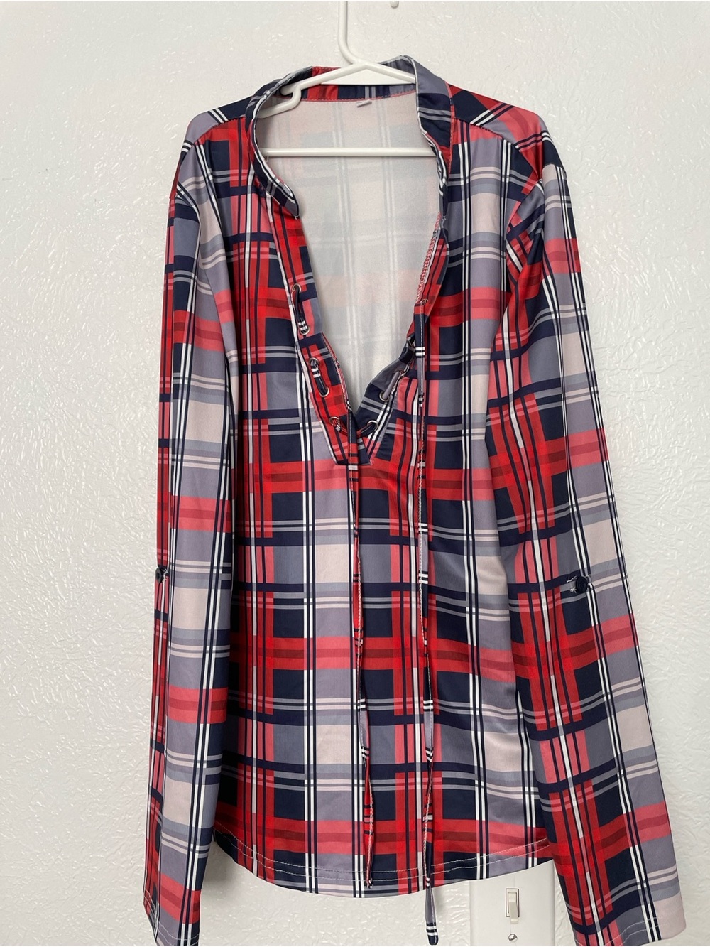 Red and Navy Plaid Button-Up Shirt